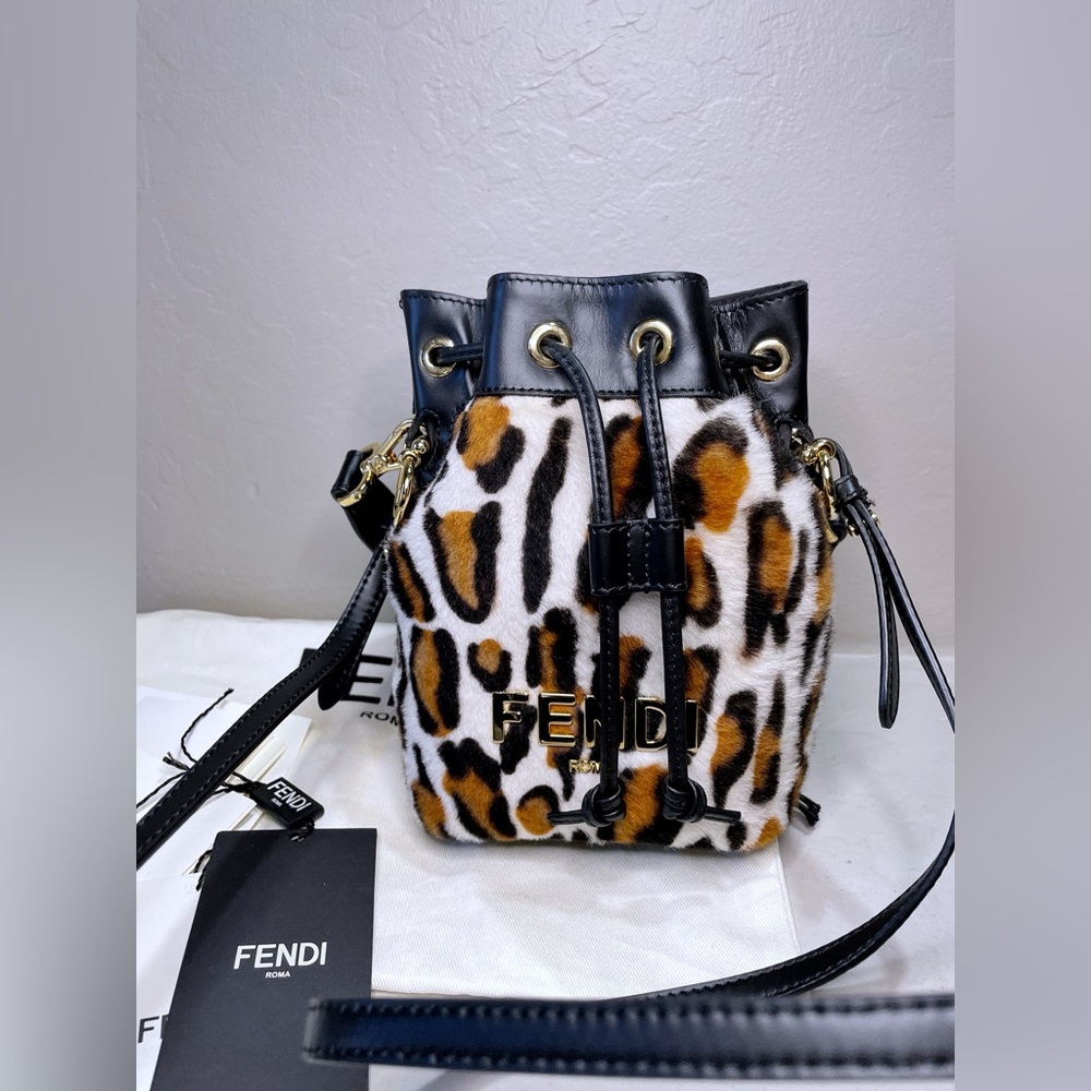 Fendi Excellent Bucket Bag Mon Tresor Leopard Print Sheepskin 2 Way Bag